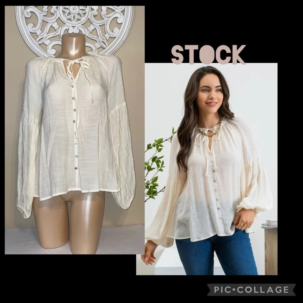 Blu Pepper womens blouse medium 8 10 top bubble sleeve peasant cream long sleeve